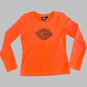 Harley-Davidson Orange Long Sleeve Rhinestone Bar & Shield Logo Shirt Women’s M